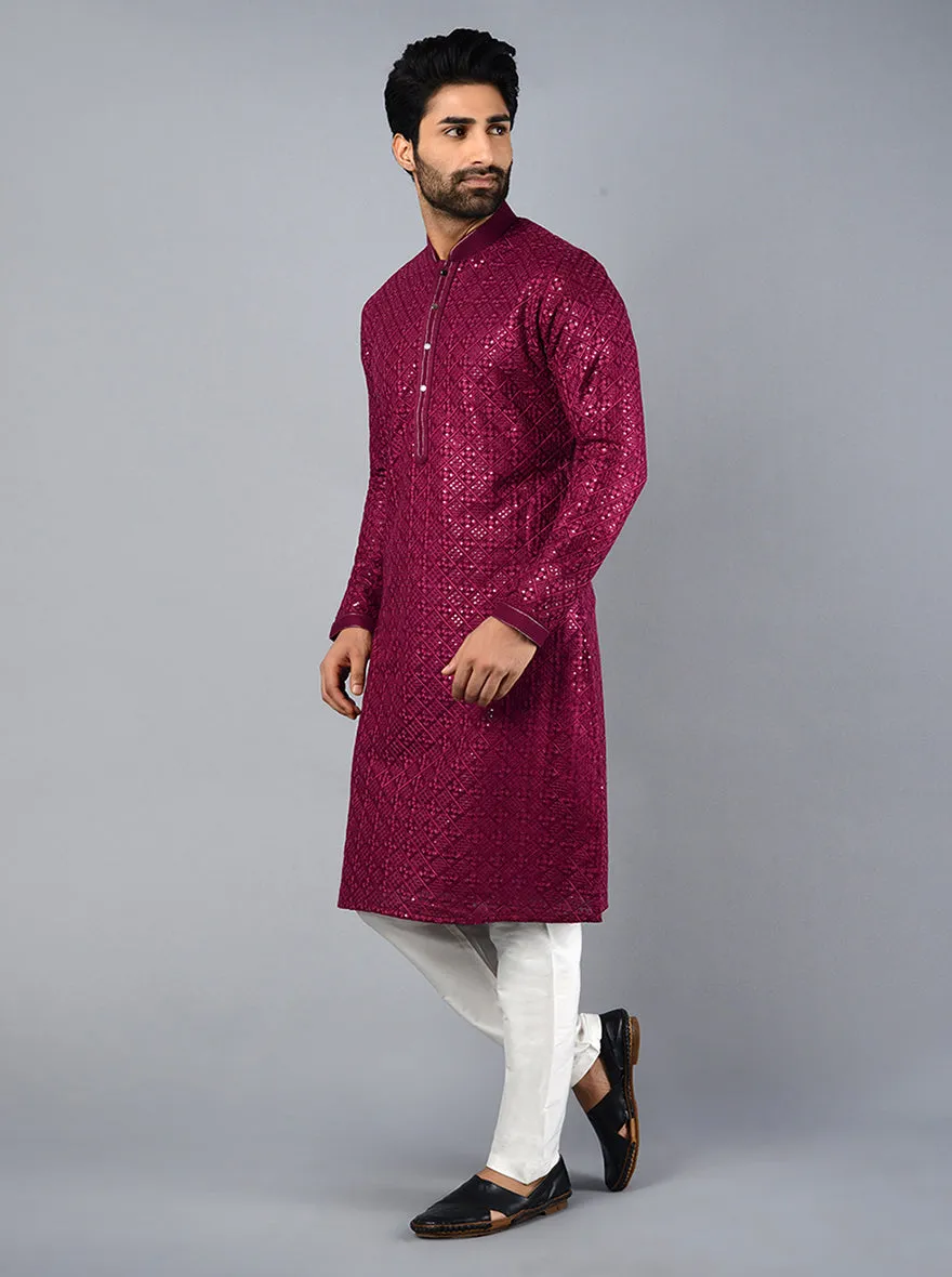 Wine Embroidered Regular Fit Kurta Pajama | Azania