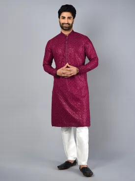 Wine Embroidered Regular Fit Kurta Pajama | Azania