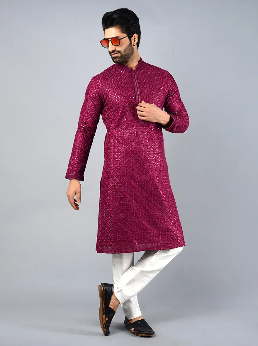 Wine Embroidered Regular Fit Kurta Pajama | Azania