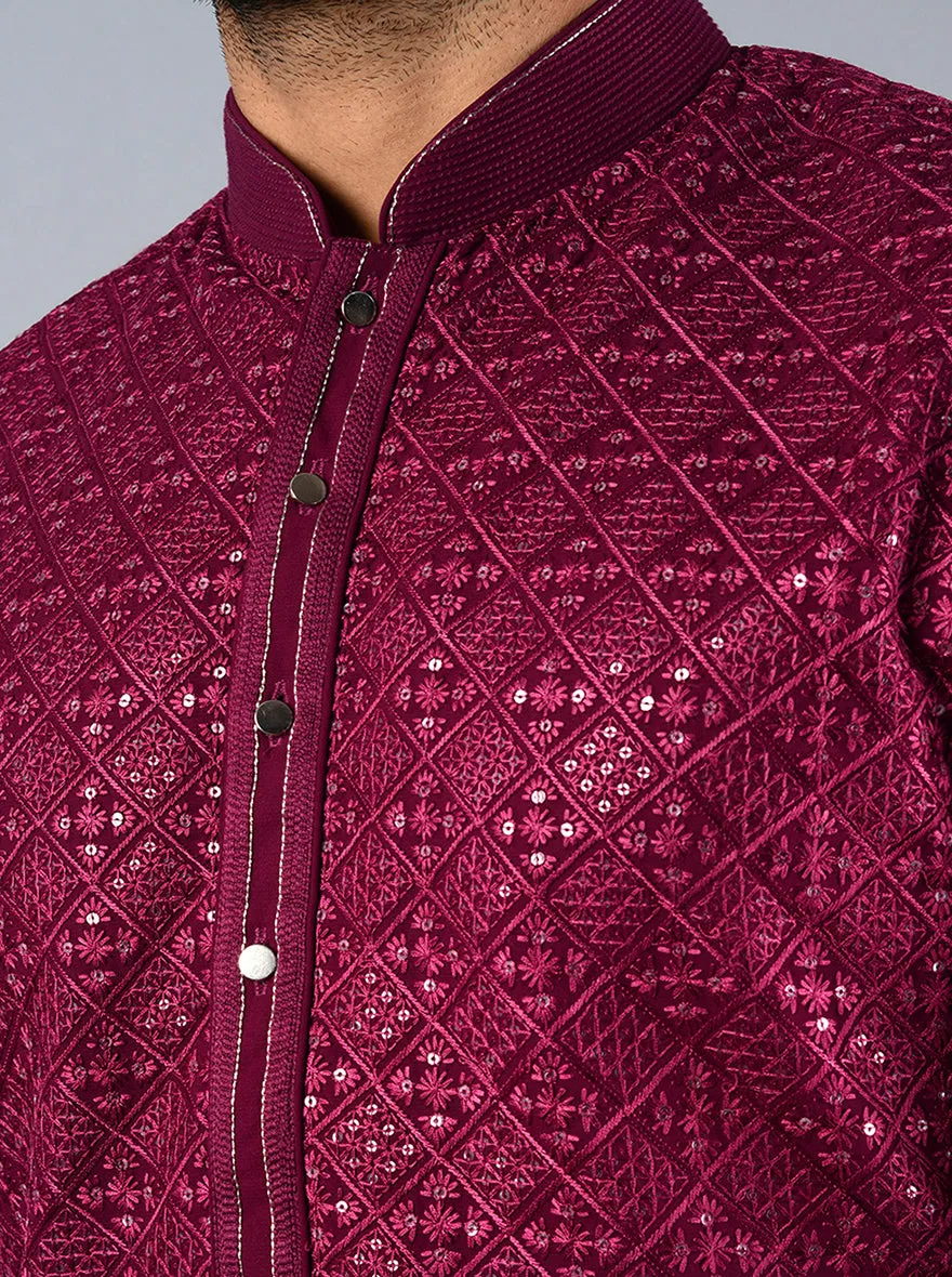 Wine Embroidered Regular Fit Kurta Pajama | Azania