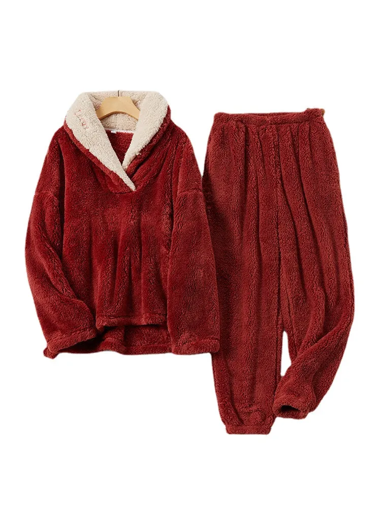 Women Fluffy Plush Thicken Lapel High Low Hem Loungewear Warm Pajamas Set
