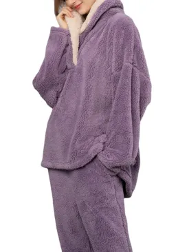 Women Fluffy Plush Thicken Lapel High Low Hem Loungewear Warm Pajamas Set