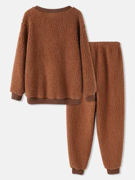 Women Fluffy Soft Round Neck Sweatshirt Loose Home Casual Two Piece Pajama Set