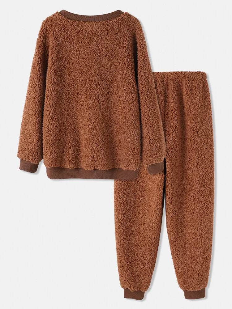 Women Fluffy Soft Round Neck Sweatshirt Loose Home Casual Two Piece Pajama Set