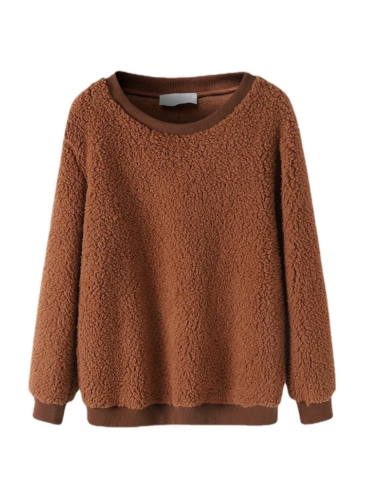 Women Fluffy Soft Round Neck Sweatshirt Loose Home Casual Two Piece Pajama Set