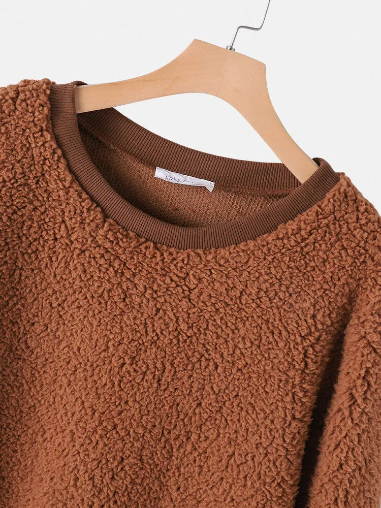 Women Fluffy Soft Round Neck Sweatshirt Loose Home Casual Two Piece Pajama Set