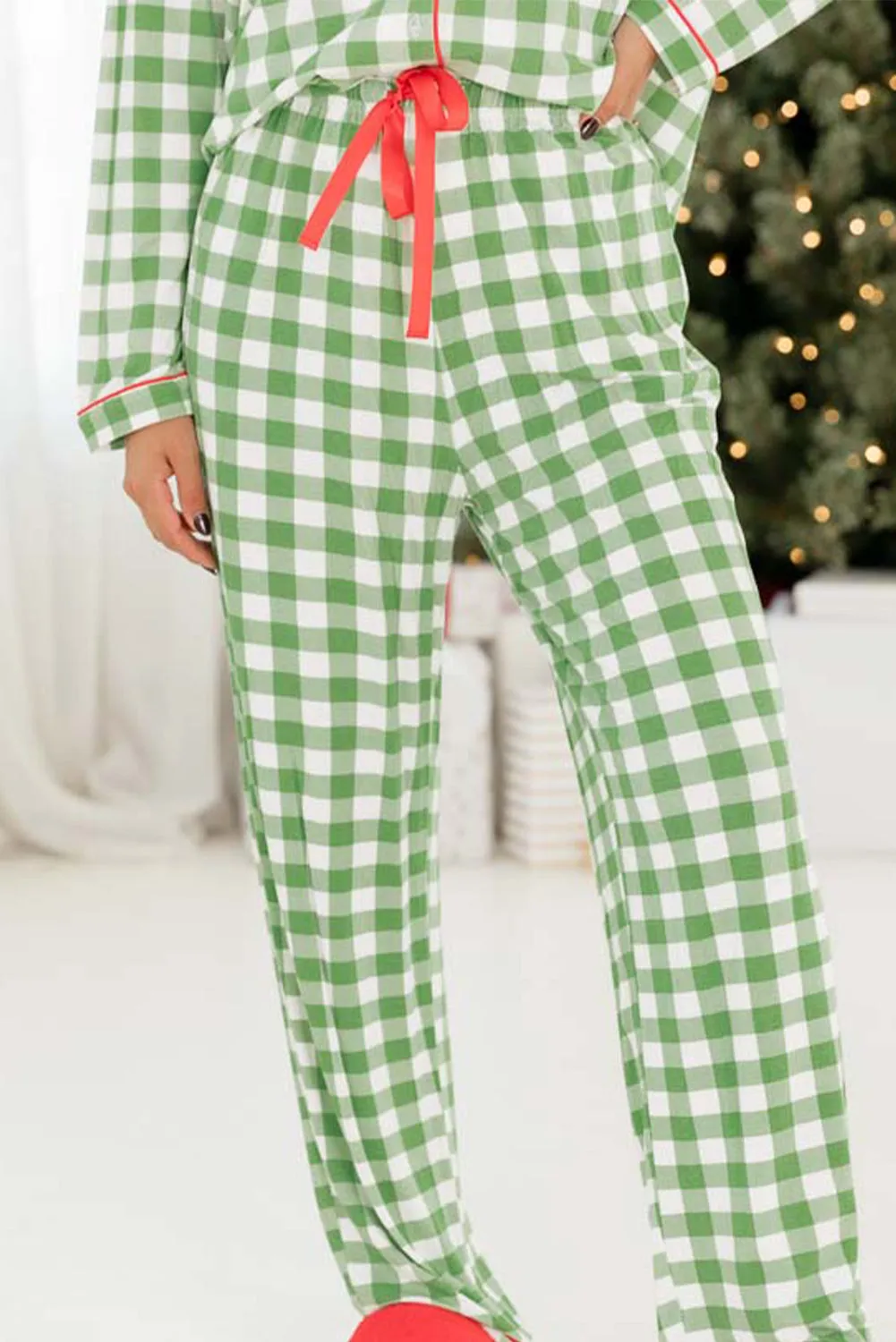 Womens Light Green Christmas Plaid Print Shirt and Pants Pajama Set