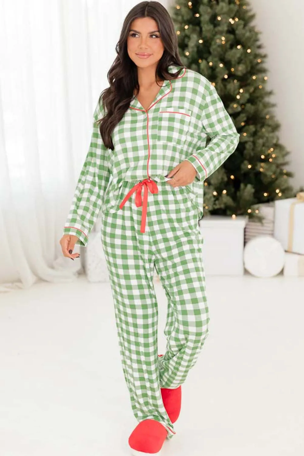 Womens Light Green Christmas Plaid Print Shirt and Pants Pajama Set