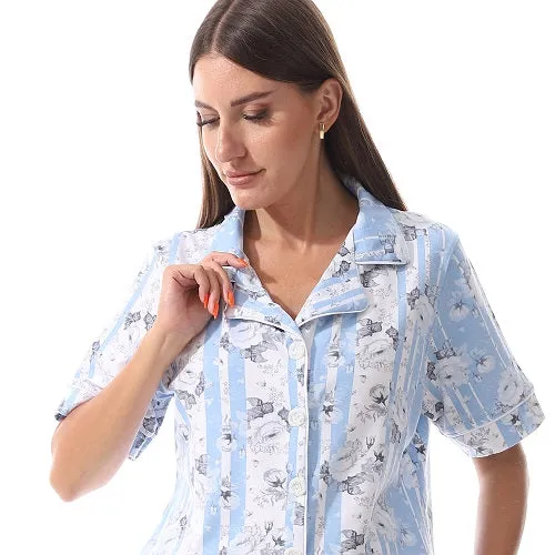 Women's Summer Floral Print Pajama Set - Blue