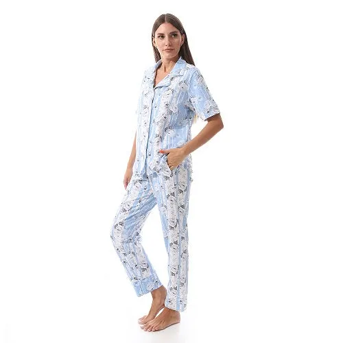 Women's Summer Floral Print Pajama Set - Blue