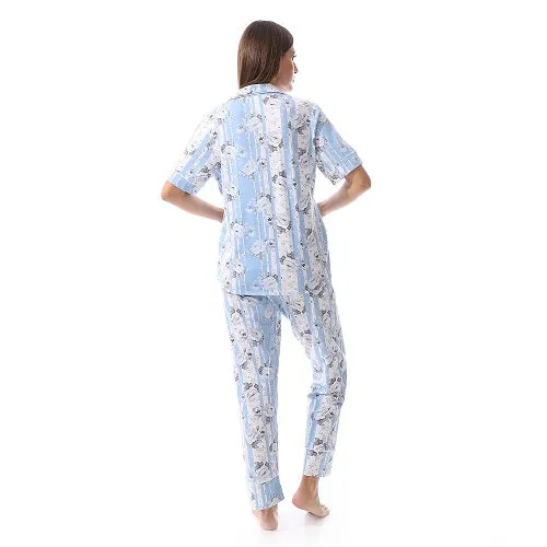 Women's Summer Floral Print Pajama Set - Blue